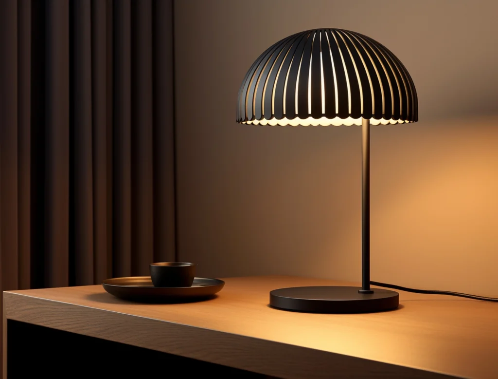 Modern black table lamp with warm lighting on a wooden table, creating a cozy home decor setting