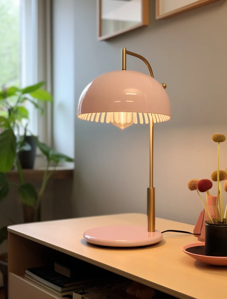 Pink table lamp with warm lighting on a modern wooden console, styled with plants and decorative accents