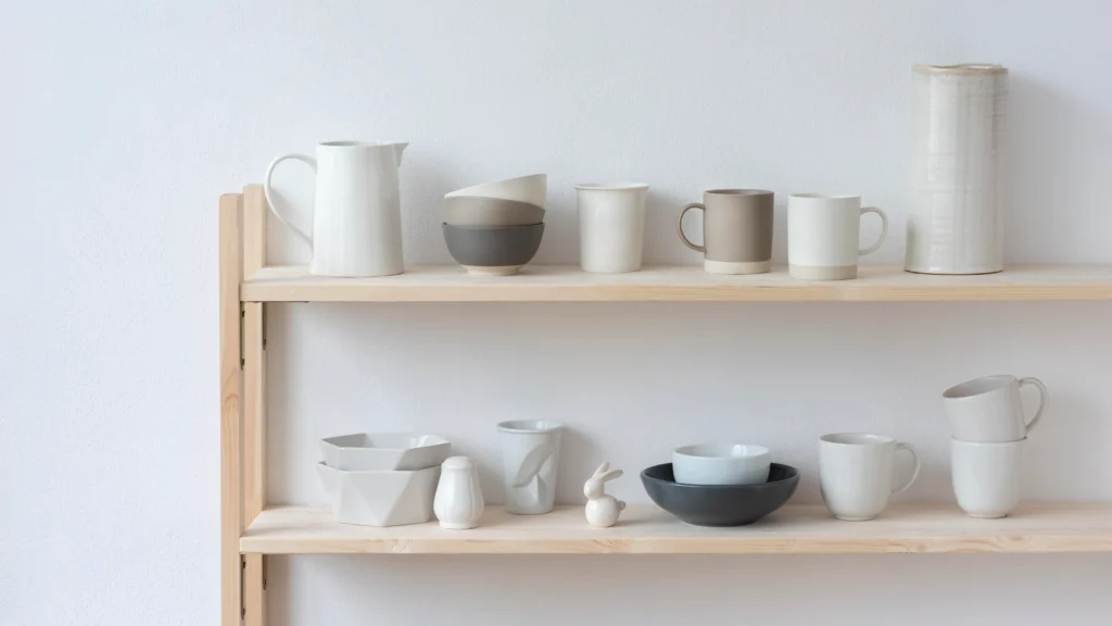 Minimalist home decor styles featuring neutral ceramic mugs, bowls, vases, and decorative pottery on wooden shelves